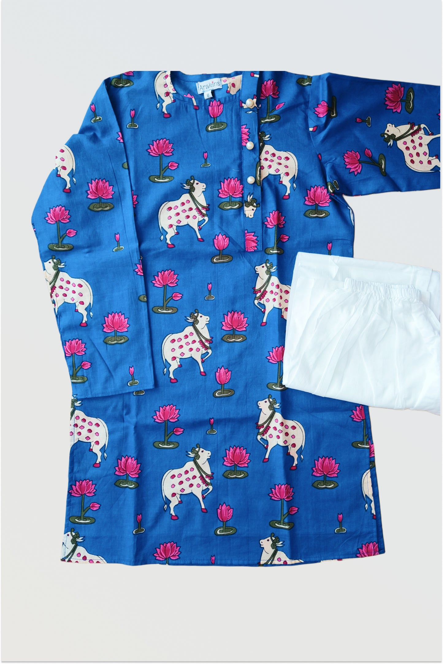 Pichwai hand block printed pure cotton kurta pyjama set - Blue