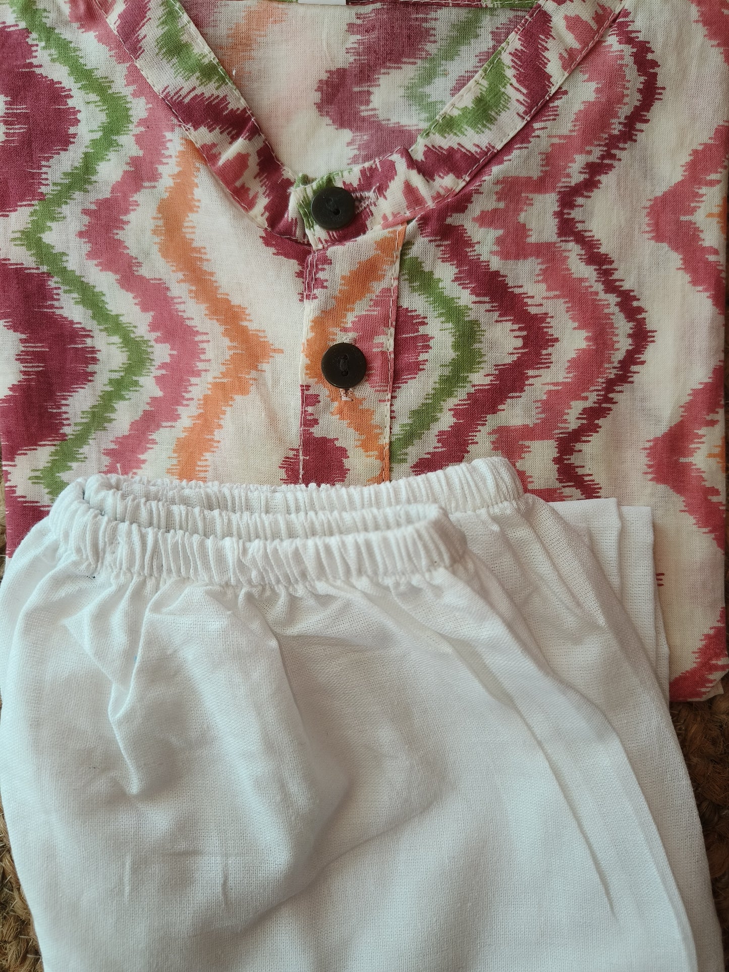 Orange chevron and Blue block printed kurta pyjama combo