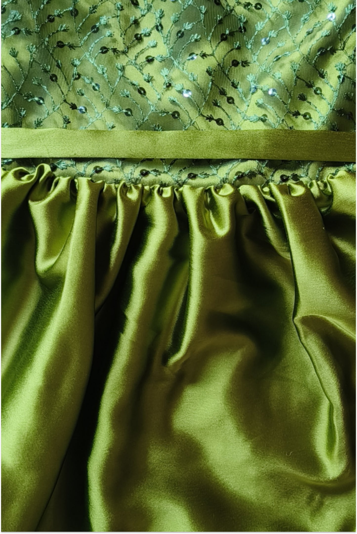 Pre-order: Olive green net and satin dress