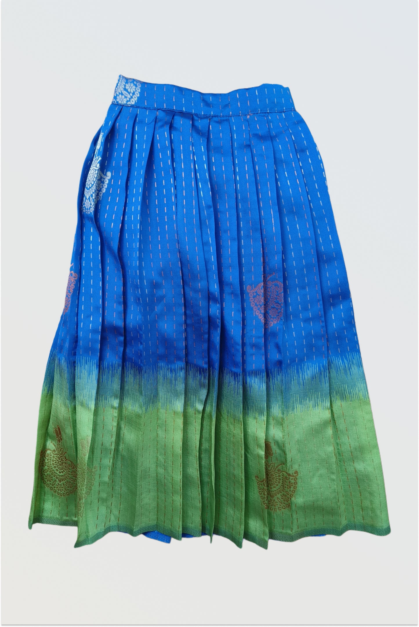 Close up of blue green peacock-inspired art silk fabric showing luxurious color and texture