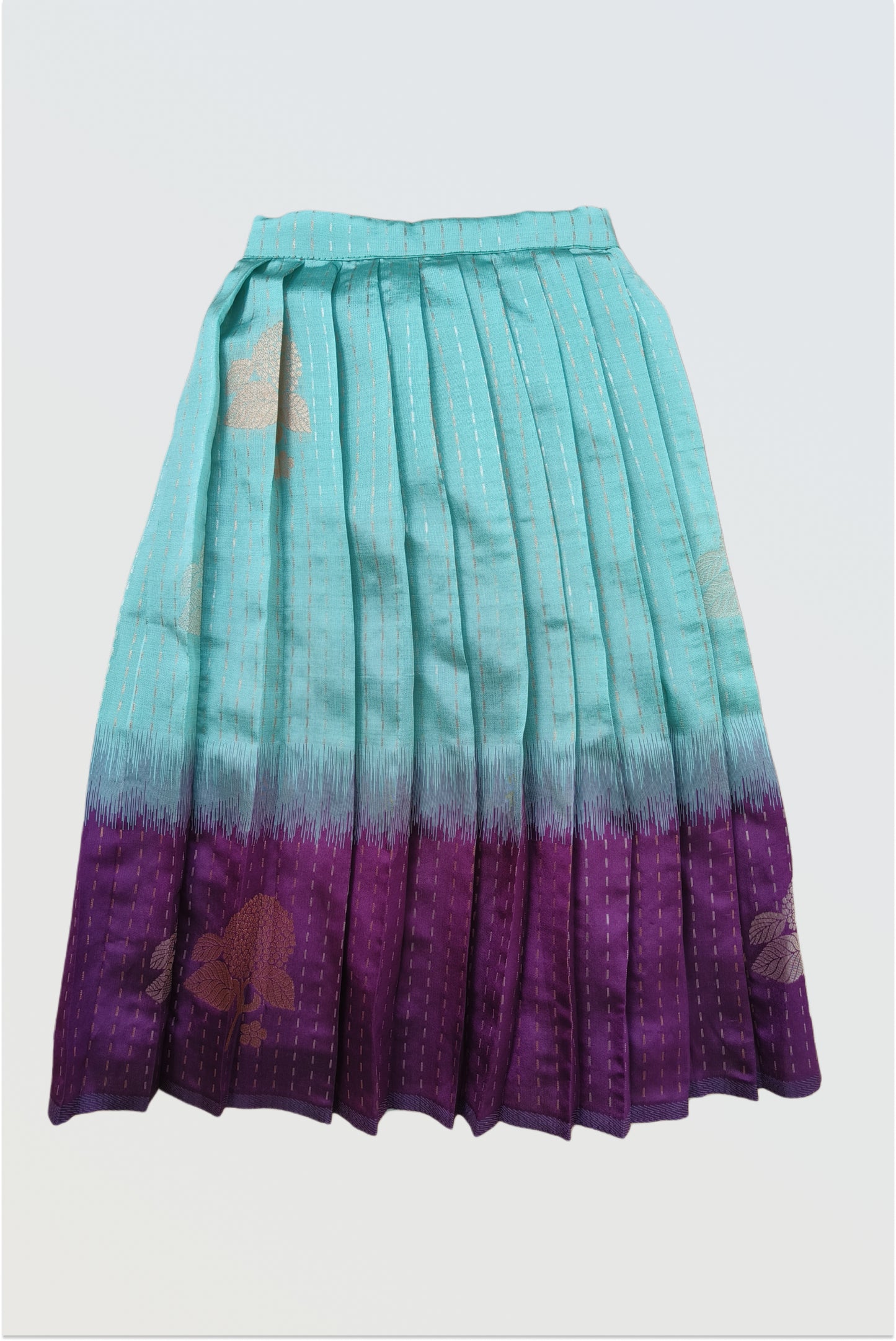 Close up of blue purple art silk fabric showing luxurious sheen and color combination