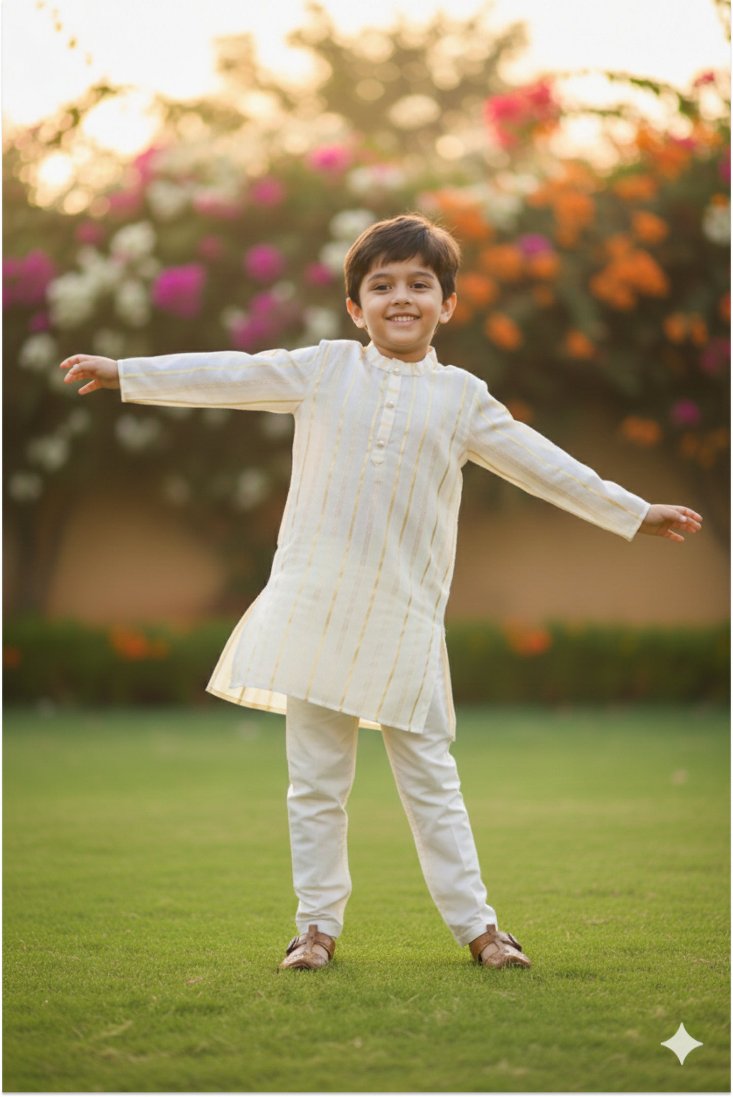 Boy wearing traditional kasavu kurta pyjama set - Kerala Onam outfit with golden borders11