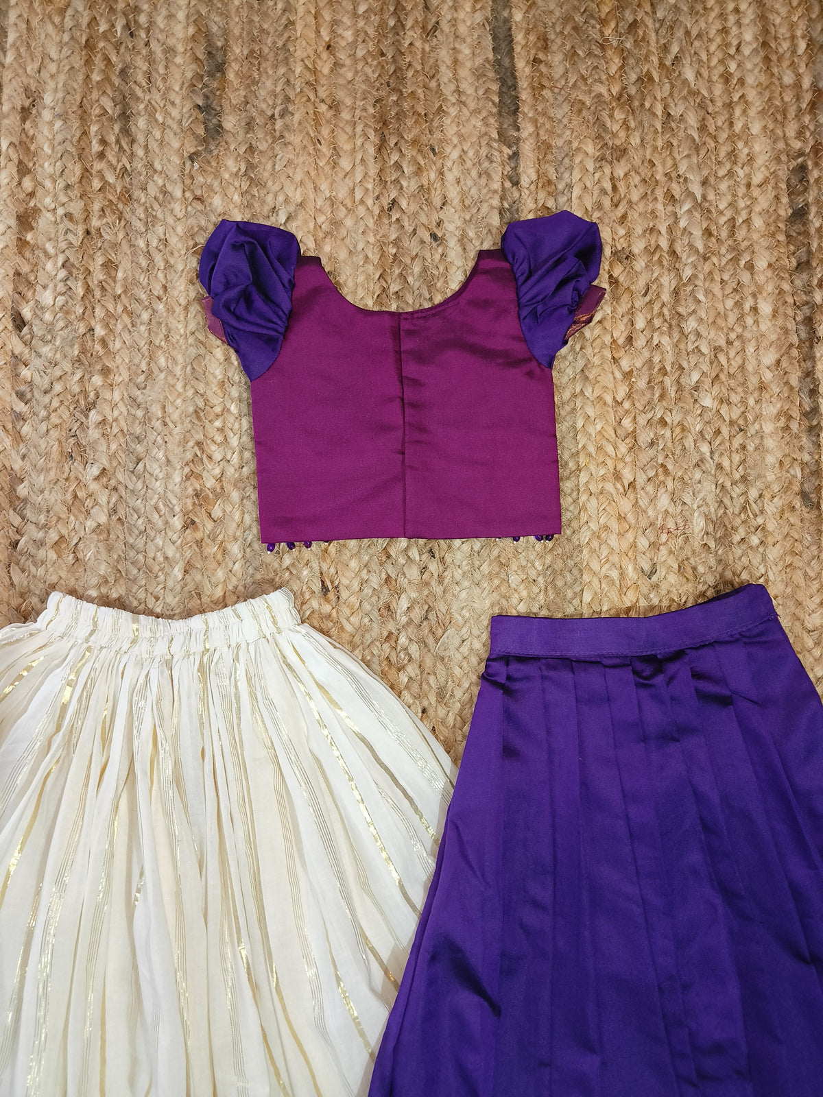 Pink purple pleated lehanga set and Kasavu skirt combo