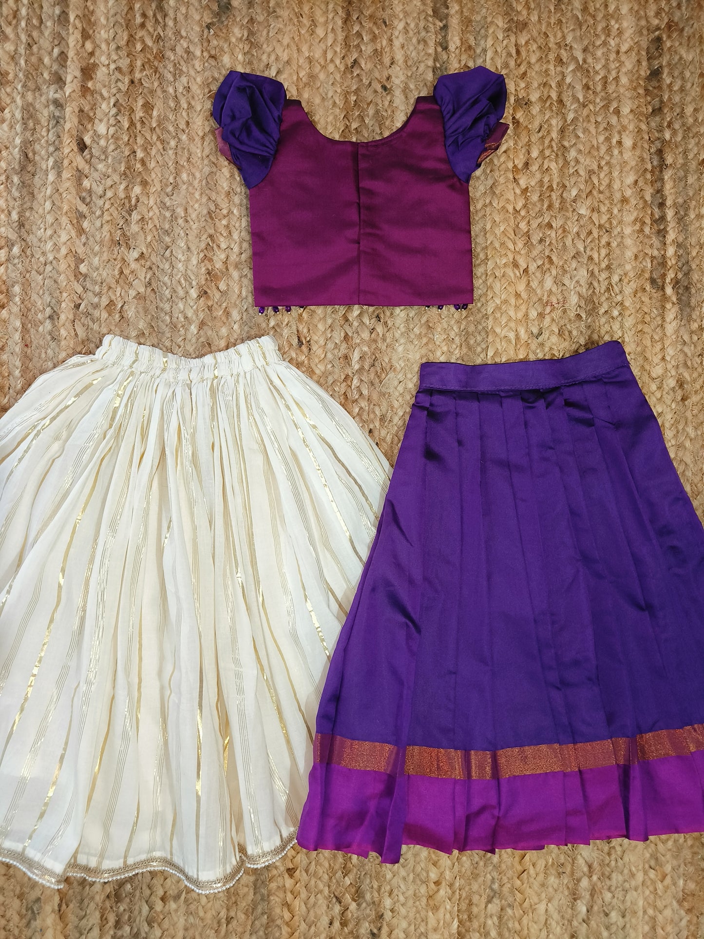 Pink purple pleated lehanga set and Kasavu skirt combo