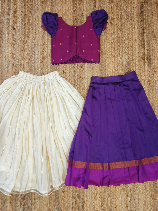 Pink purple pleated lehanga set and Kasavu skirt combo