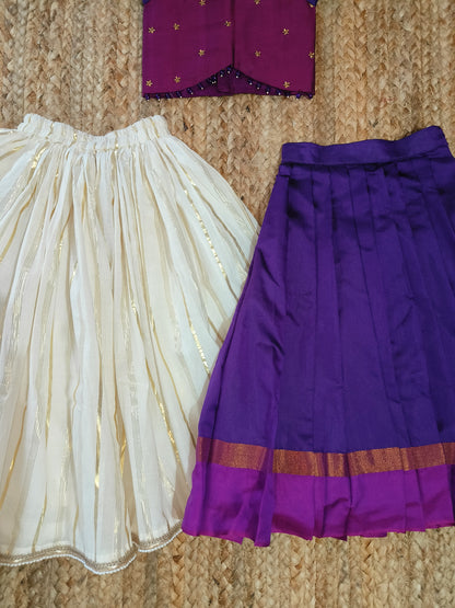Pink purple pleated lehanga set and Kasavu skirt combo