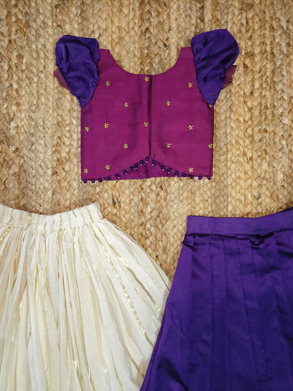 Pink purple pleated lehanga set and Kasavu skirt combo