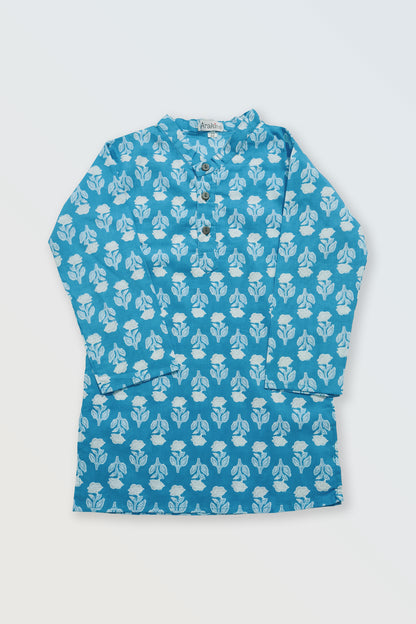 Orange chevron and Blue block printed kurta pyjama combo