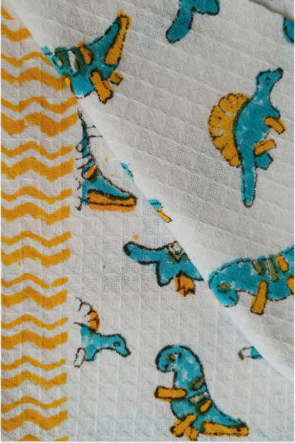 Dinosaur themed block printed waffle bath towel