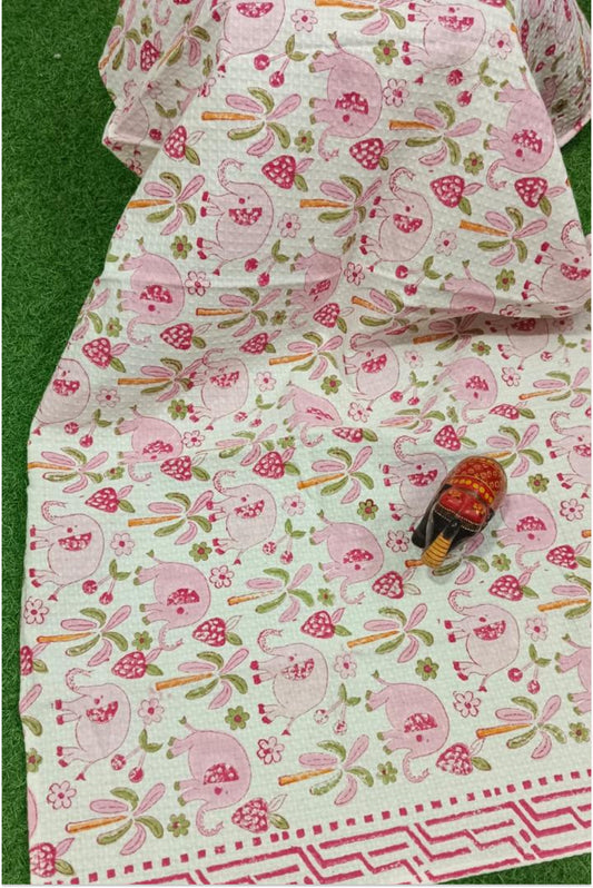 Elephant themed block printed waffle bath towel - Pink