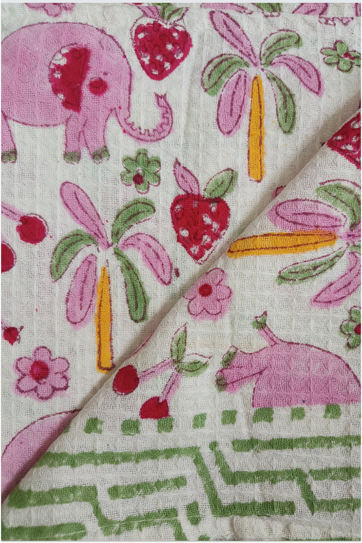 Elephant themed block printed waffle bath towel - Pink
