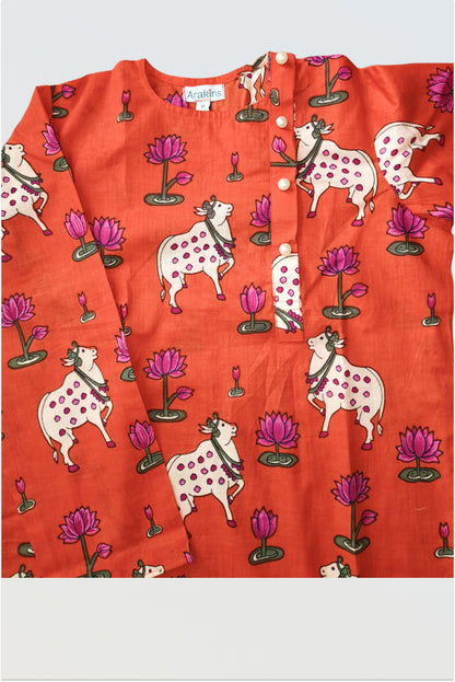 Pichwai hand block printed pure cotton kurta pyjama set