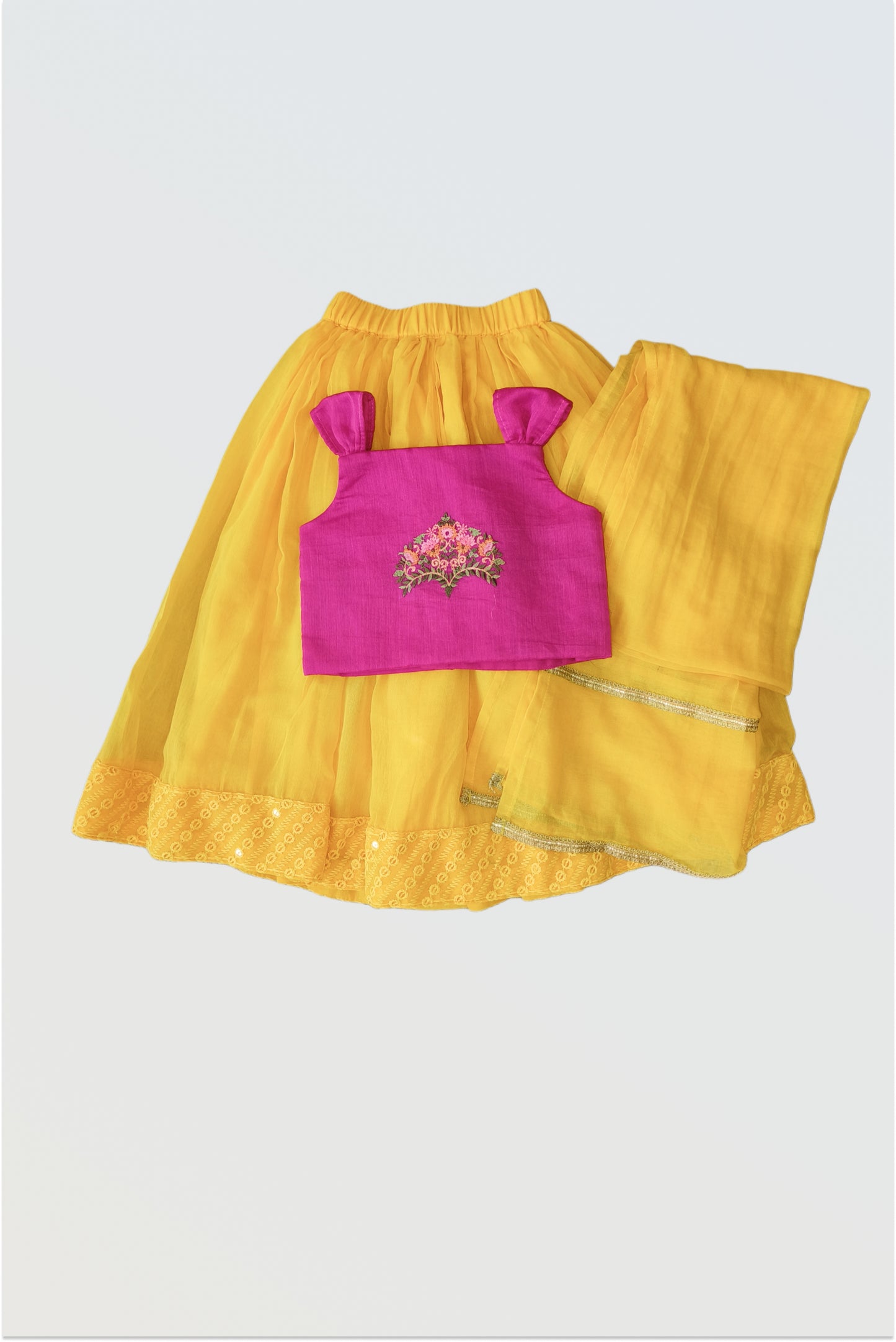 Yellow mulmul lehanga set