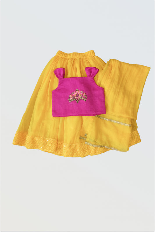Yellow mulmul lehanga set
