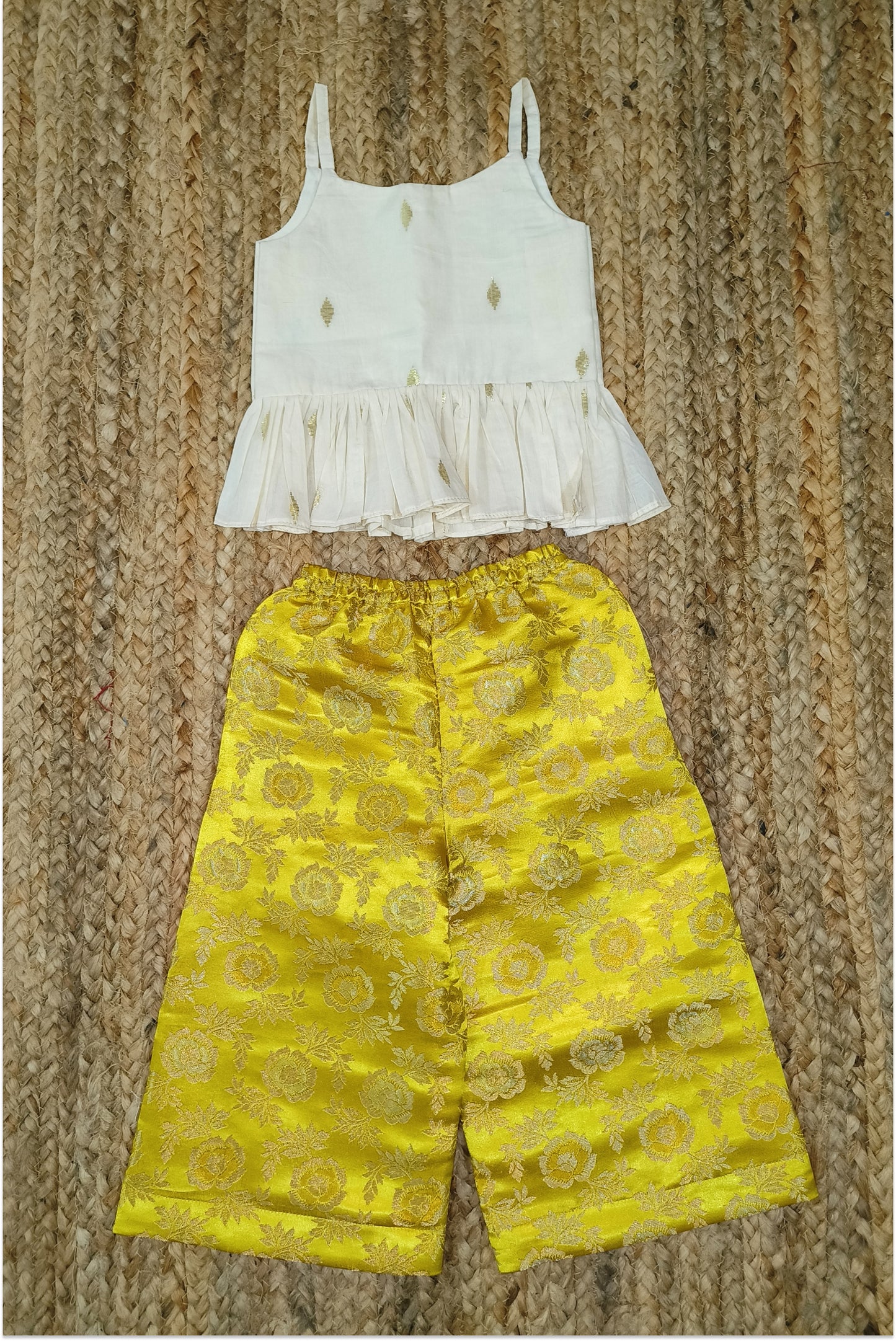 Yellow brocade palazzo set with Kasavu top