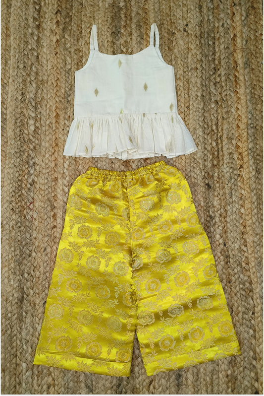 Yellow brocade palazzo set with Kasavu top