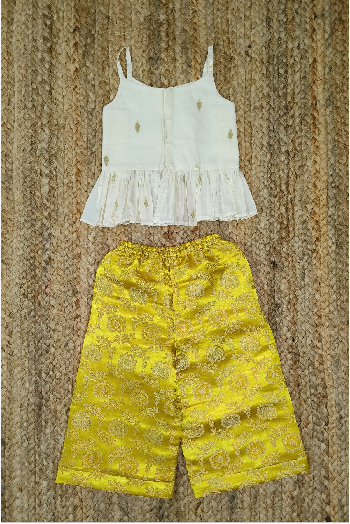 Yellow brocade palazzo set with Kasavu top