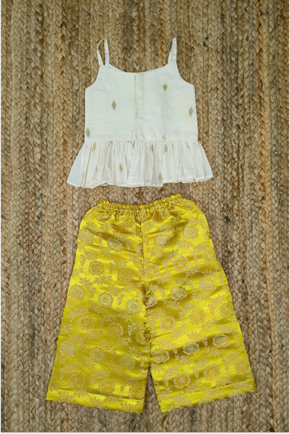 Yellow brocade palazzo set with Kasavu top