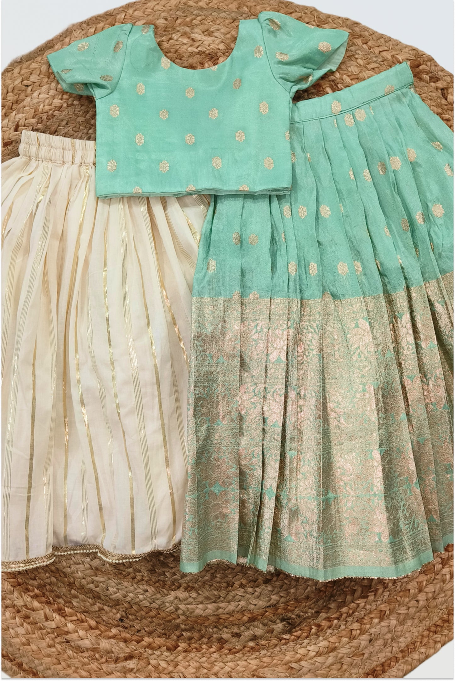 Mint chanderi and Kasavu lehanga combo