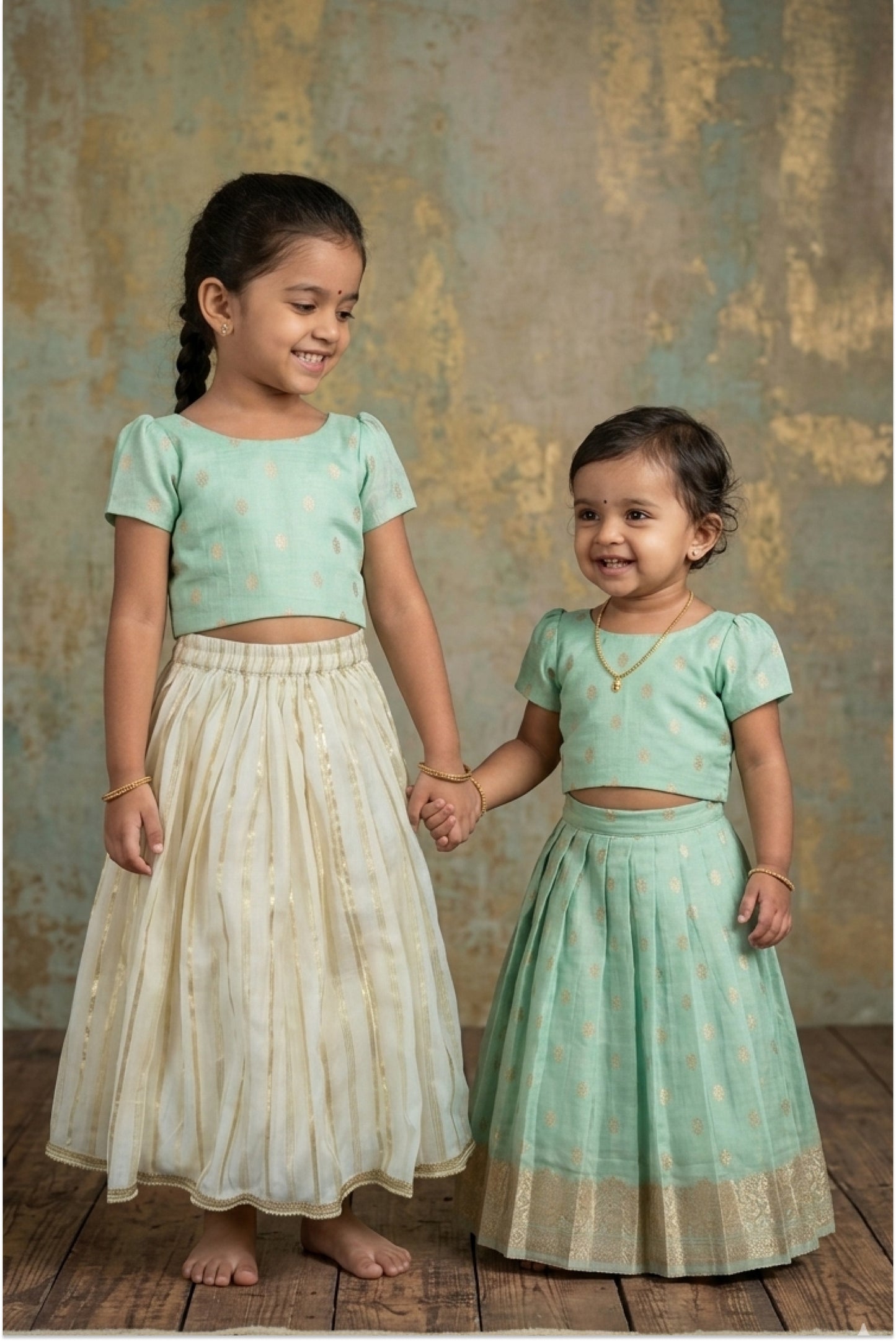 Mint chanderi and Kasavu lehanga combo