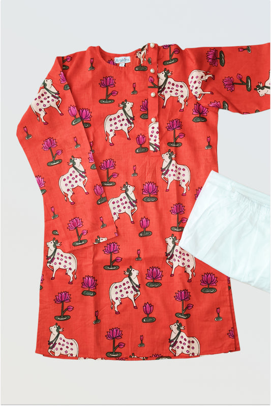 Pichwai hand block printed pure cotton kurta pyjama set