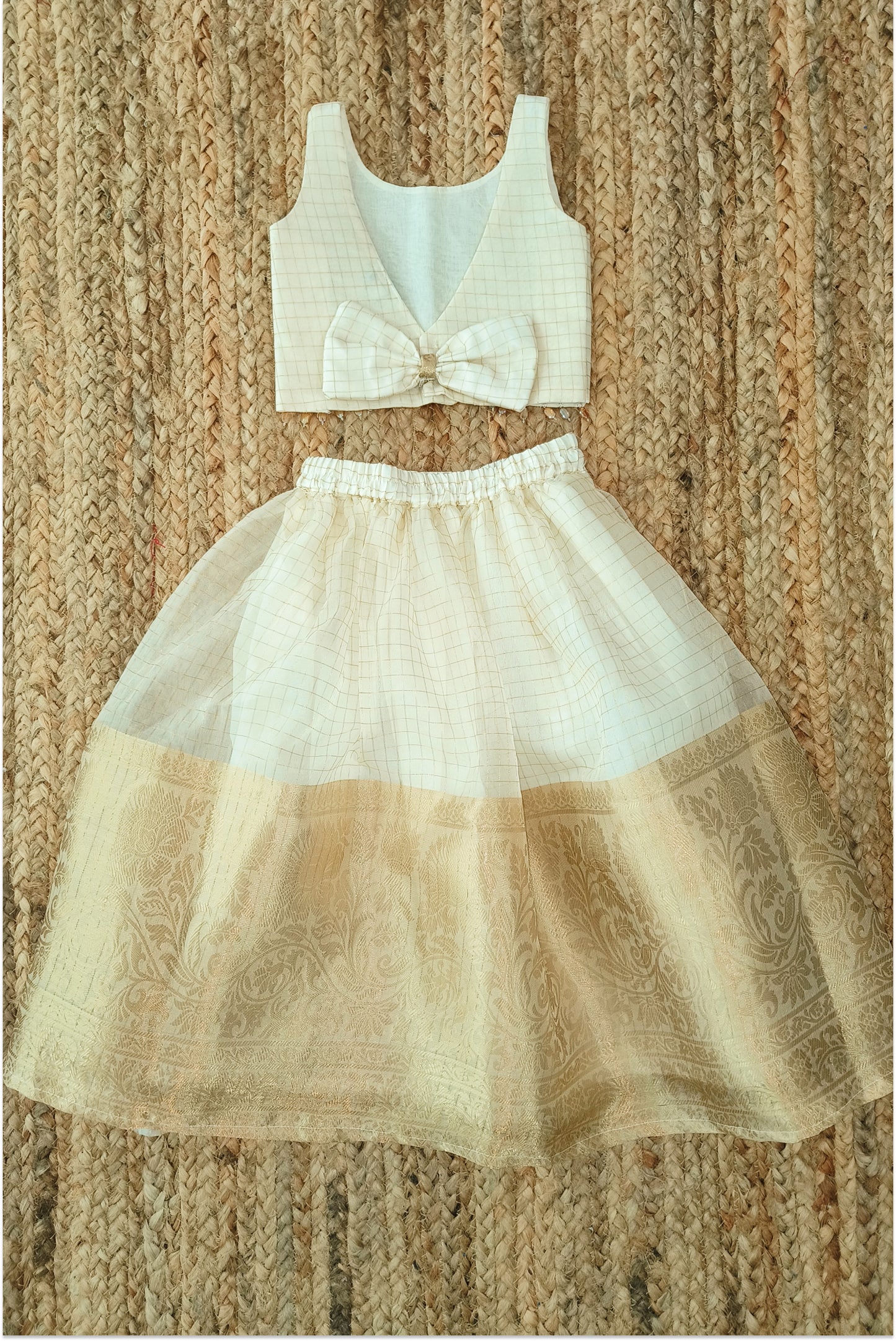 Organza Kasavu Lehanga Set with Bow Back Top