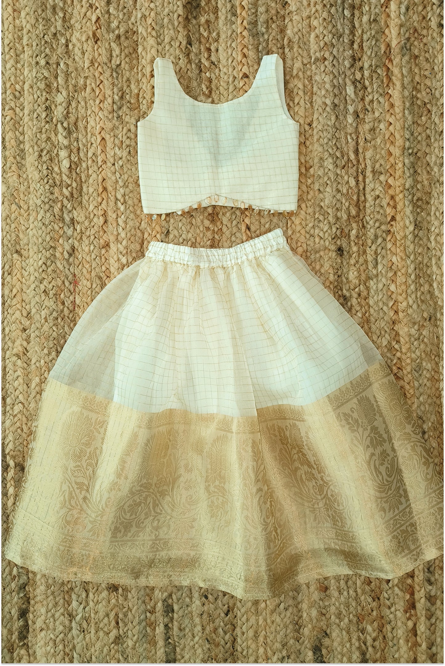 Organza Kasavu Lehanga Set with Bow Back Top
