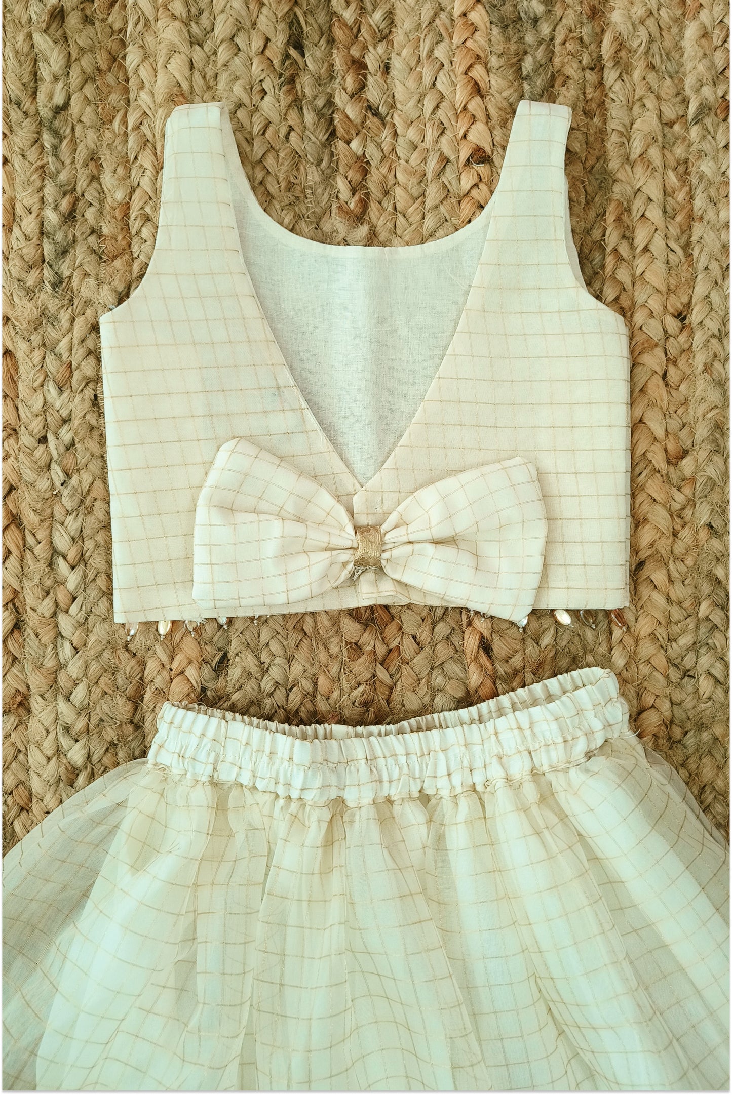 Organza Kasavu Lehanga Set with Bow Back Top