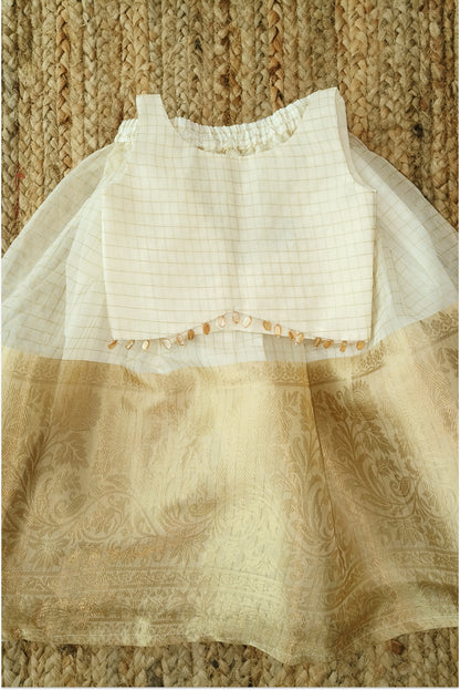 Organza Kasavu Lehanga Set with Bow Back Top