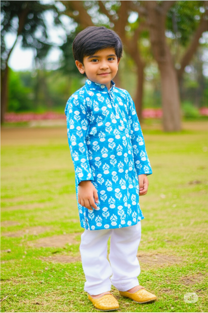 Orange chevron and Blue block printed kurta pyjama combo