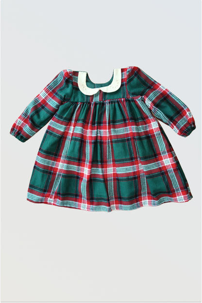 Red green checkered warm Christmas dress for girls long sleeves, holiday season warm dress.