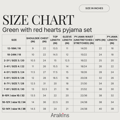 Green with red hearts holiday pyjama set
