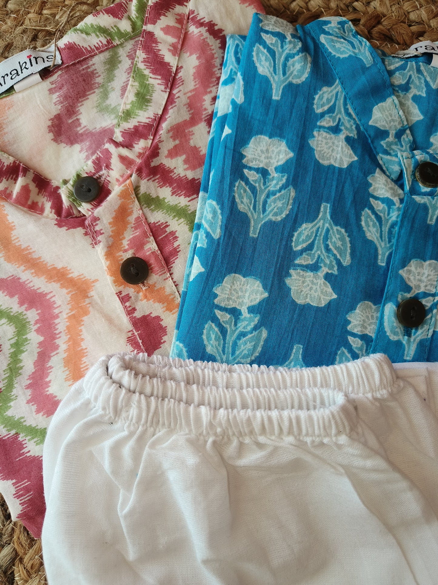 Orange chevron and Blue block printed kurta pyjama combo