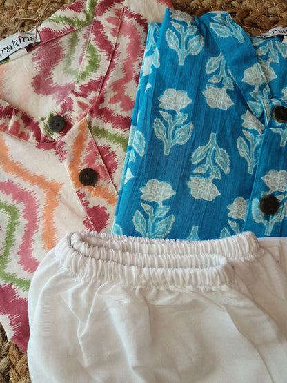 Orange chevron and Blue block printed kurta pyjama combo