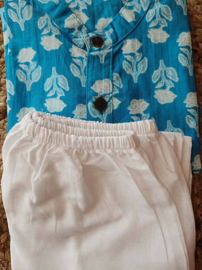 Orange chevron and Blue block printed kurta pyjama combo