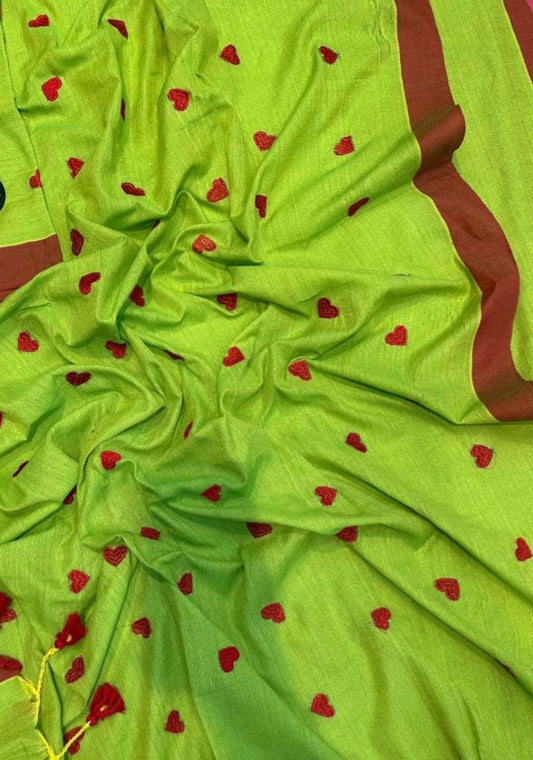Green khadi cotton saree with red embroidered hearts