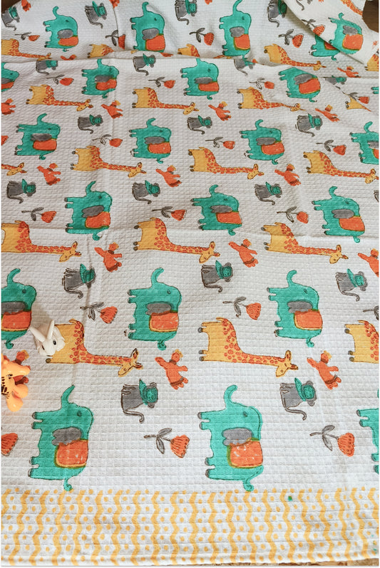 Jungle themed block printed waffle bath towel - Green