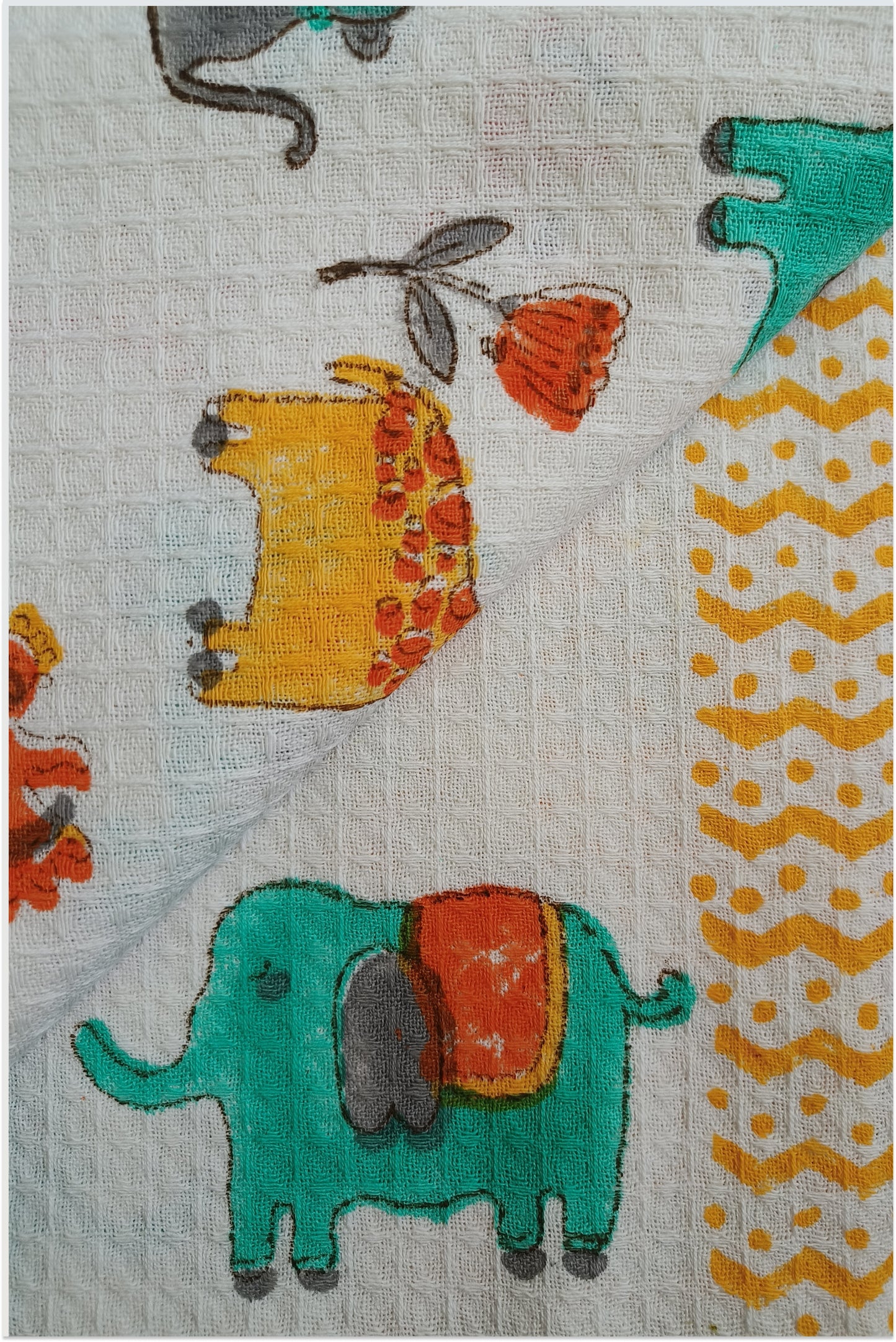 Jungle themed block printed waffle bath towel - Green