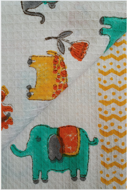 Jungle themed block printed waffle bath towel - Green