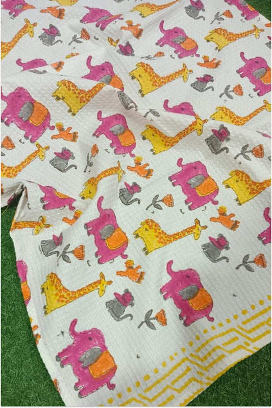 Jungle themed block printed waffle bath towel - Pink
