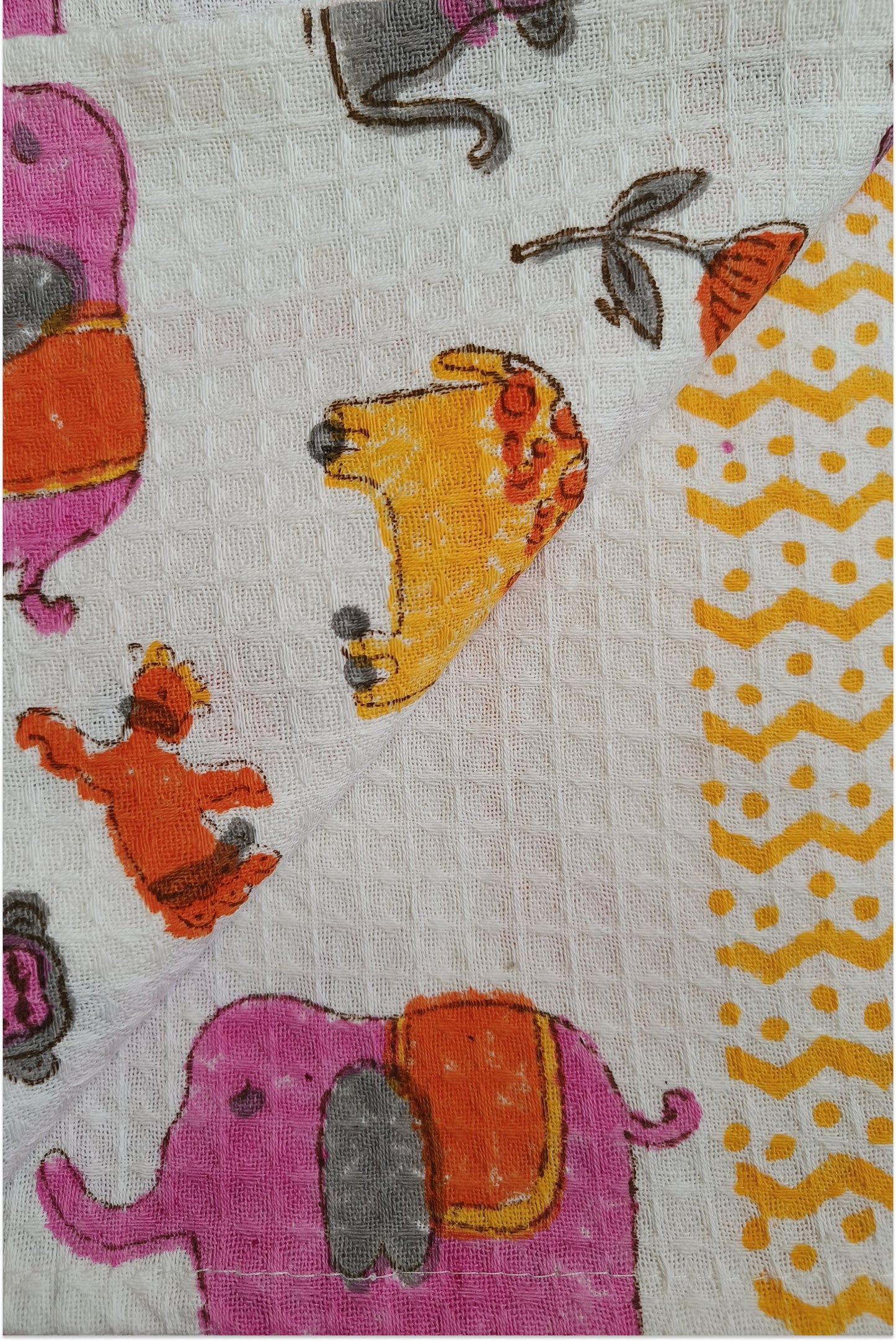 Jungle themed block printed waffle bath towel - Pink