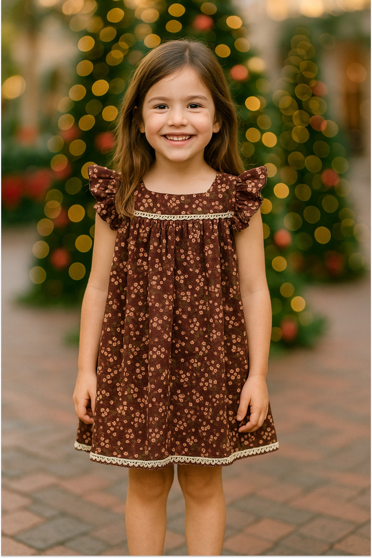 Brown floral flutter sleeves dress