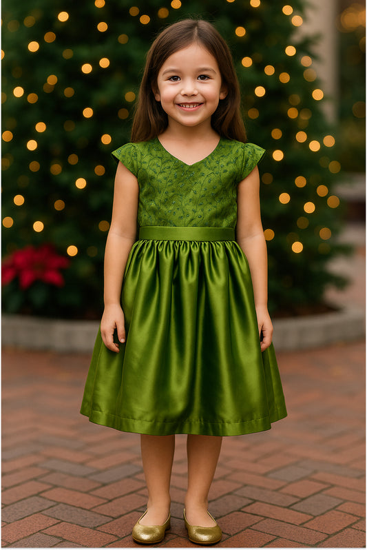 Olive green net and satin dress