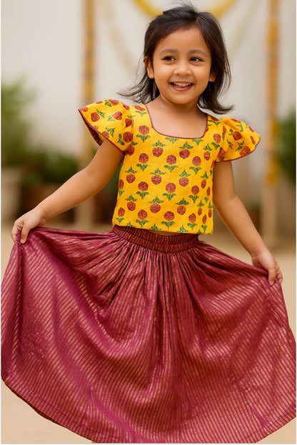 Mustard and wine floral lehanga set