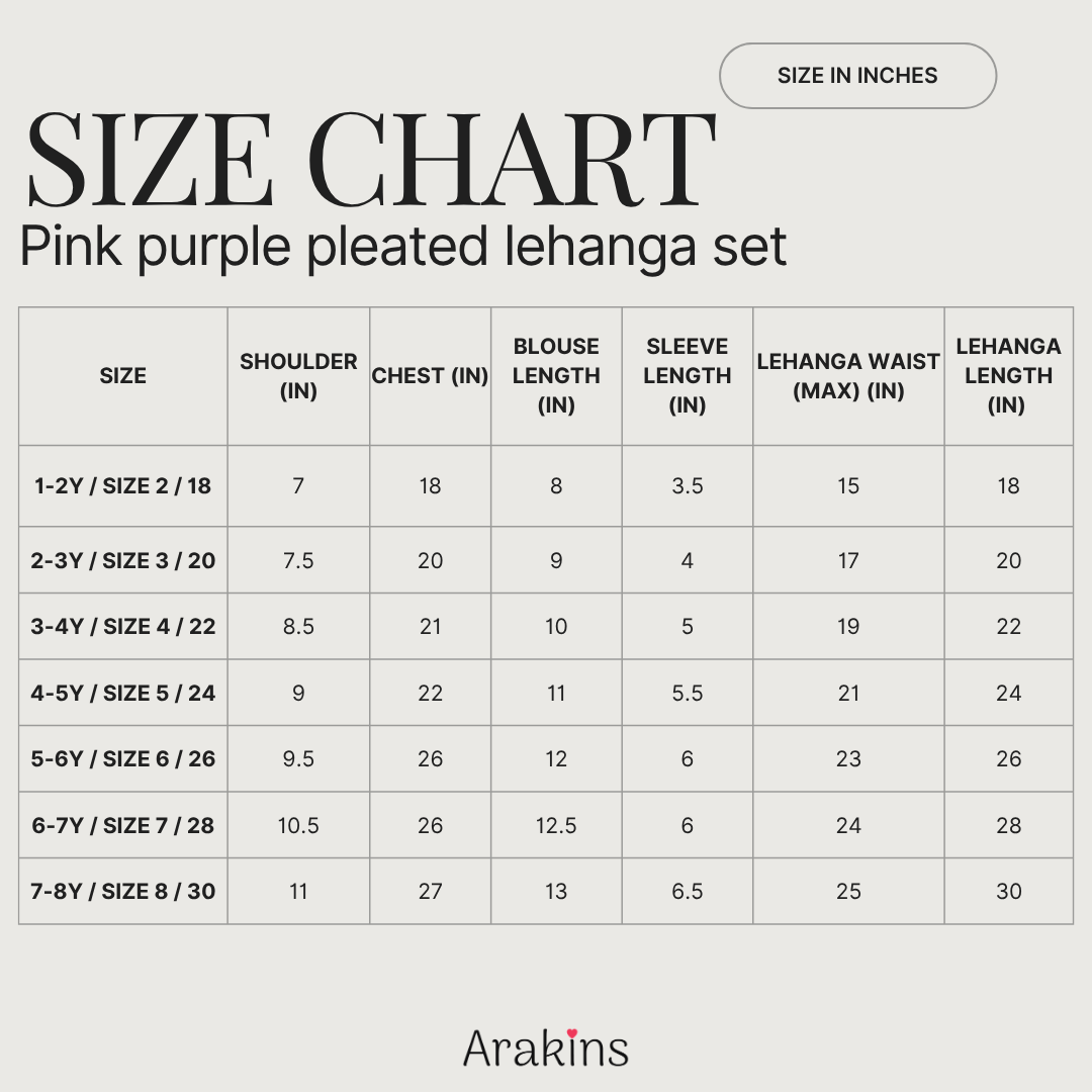 Pink purple lehanga set size chart - measurements for sizes 1-2Y through 7-8Y