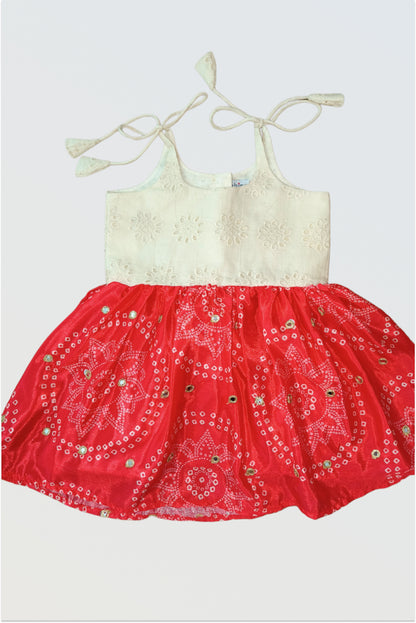 Red Bandhani tie-up frock