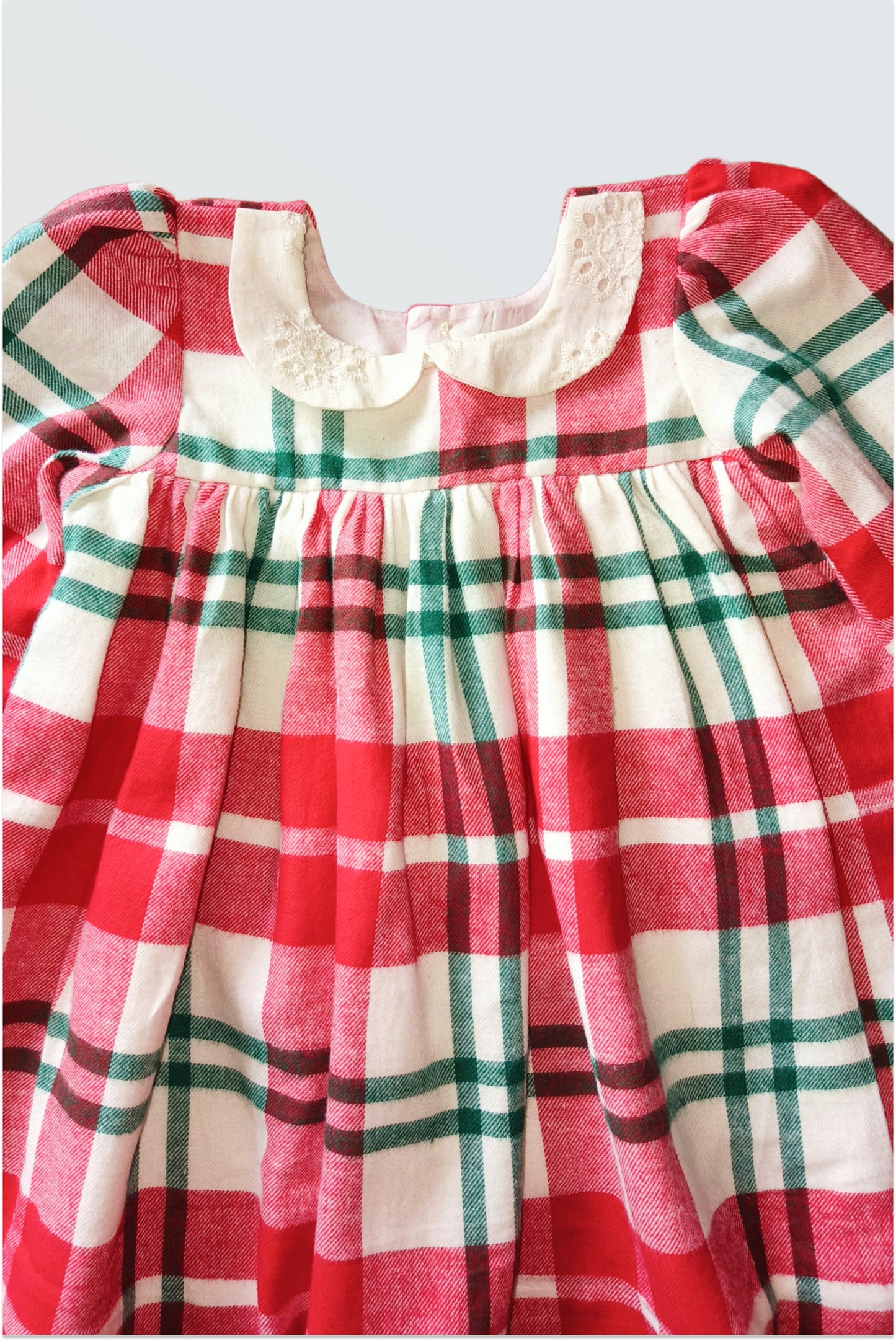 Girls red and green checkered long sleeve Christmas winter dress with embroidered collar, warm holiday dress