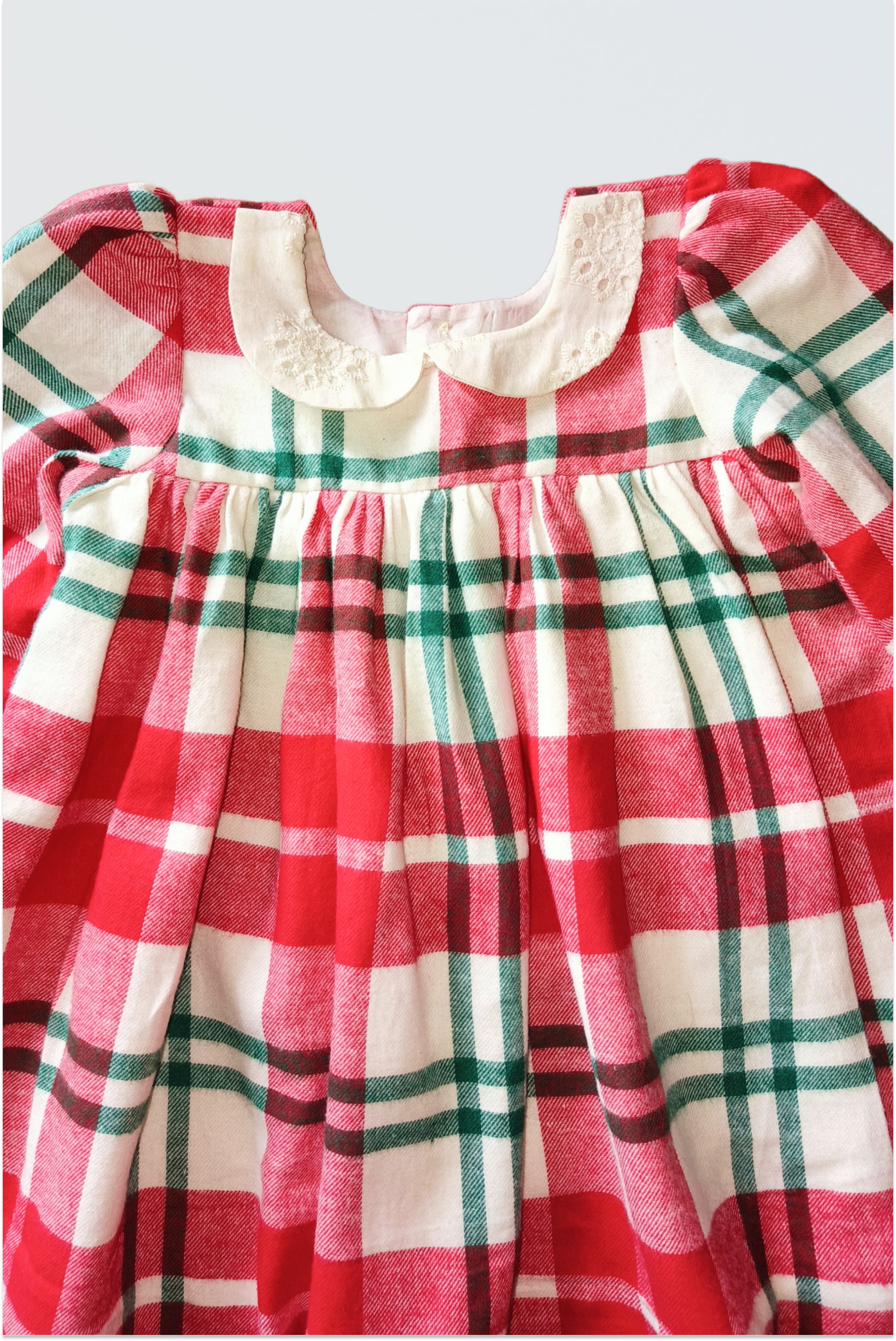 Girls red and green checkered long sleeve Christmas winter dress with embroidered collar, warm holiday dress
