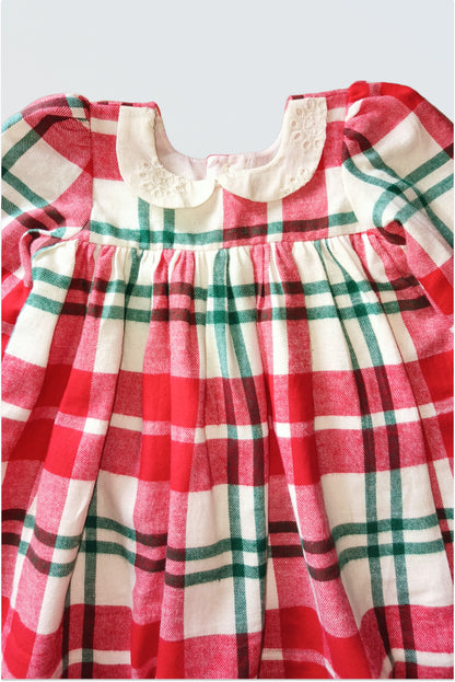 Girls red and green checkered long sleeve Christmas winter dress with embroidered collar, warm holiday dress