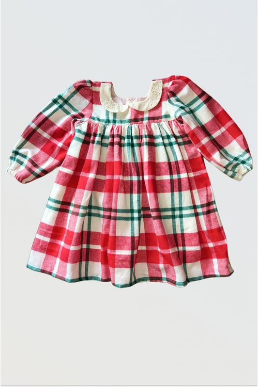 Girls red and green checkered long sleeve Christmas winter dress with embroidered collar, warm holiday dress